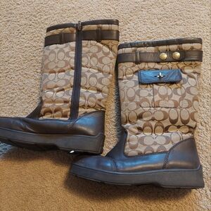 Coach Tan and Dark Brown Signature Logo Quilted Mid-Calf Boots